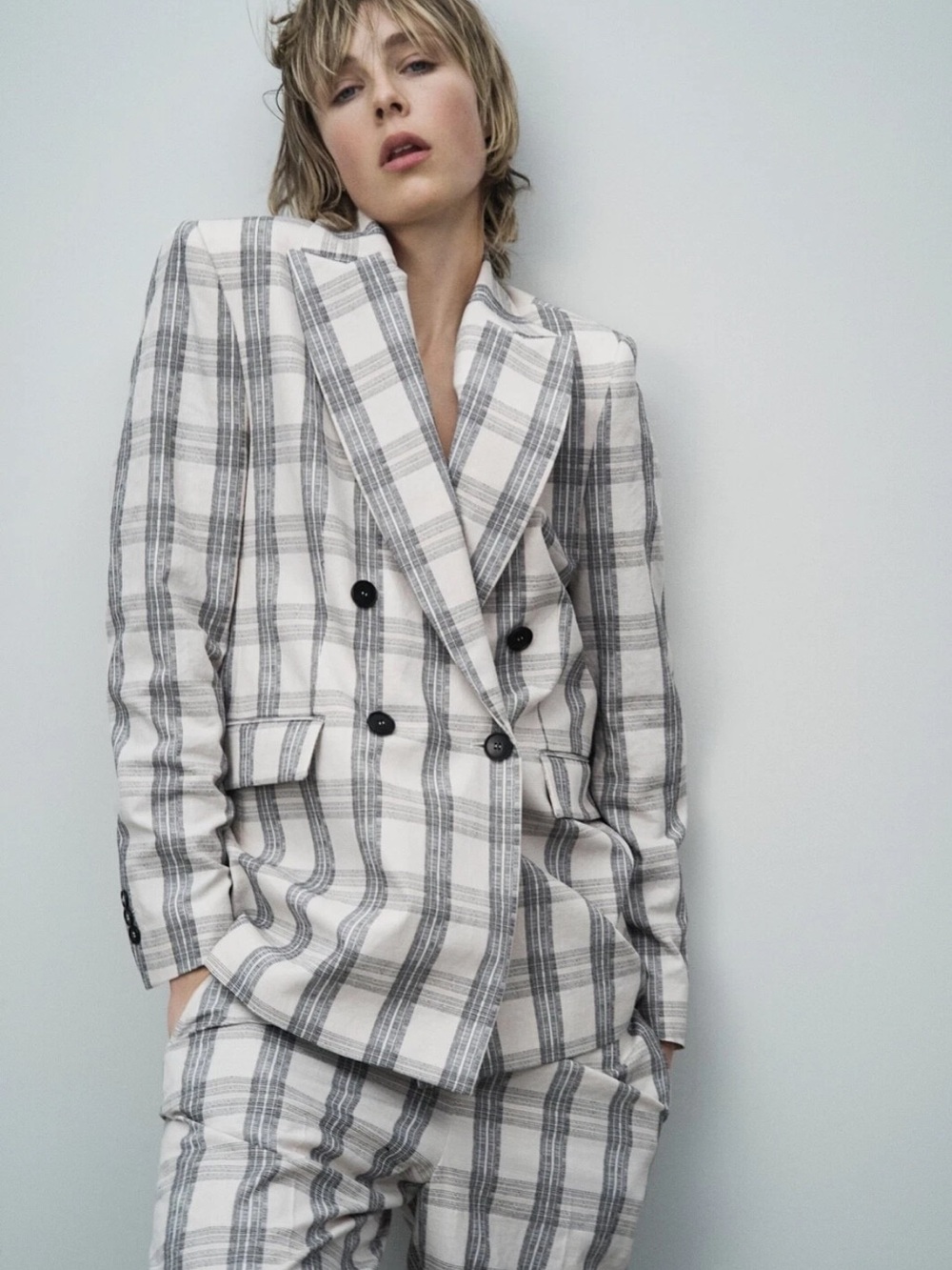 NWT ZARA Double Breasted Ecru Black Plaid Blazer Ref: 2463/774 | Size: Small